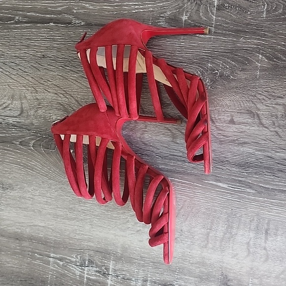 Christian Louboutin Mariniere Red Suede Gladiator Sandals Caged Strappy Heels - Picture 12 of 14